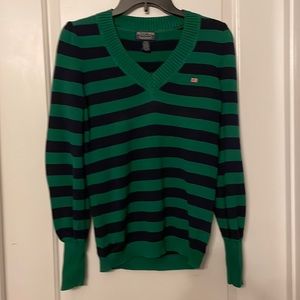 Ralph Lauren Women’s V-neck blue and green striped sweater.